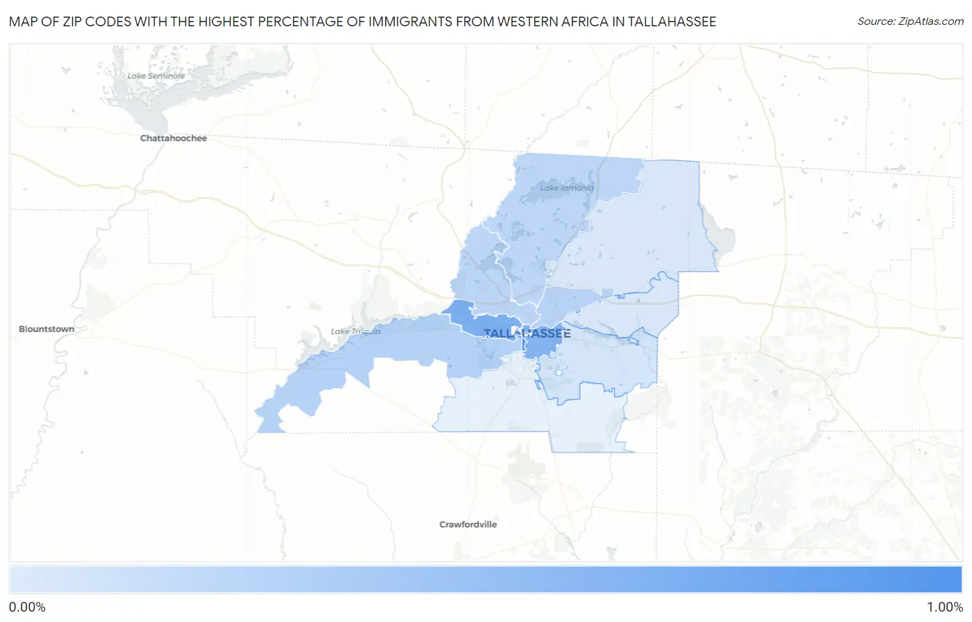 Zip Codes with the Highest Percentage of Immigrants from Western Africa in Tallahassee Map