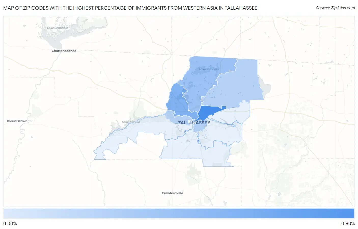 Zip Codes with the Highest Percentage of Immigrants from Western Asia in Tallahassee Map