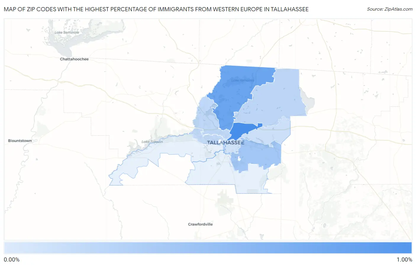 Zip Codes with the Highest Percentage of Immigrants from Western Europe in Tallahassee Map