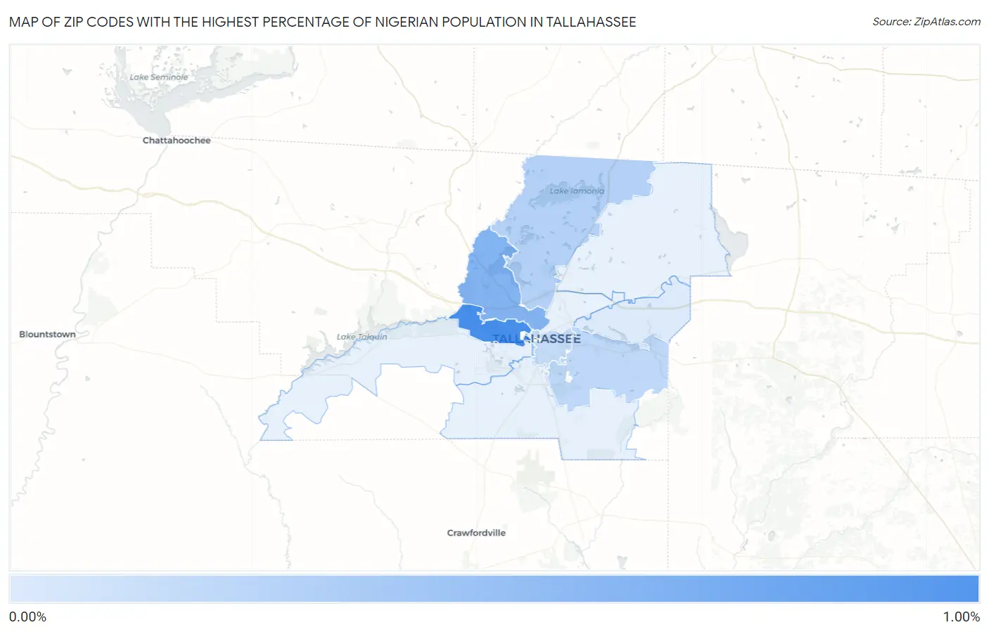 Zip Codes with the Highest Percentage of Nigerian Population in Tallahassee Map
