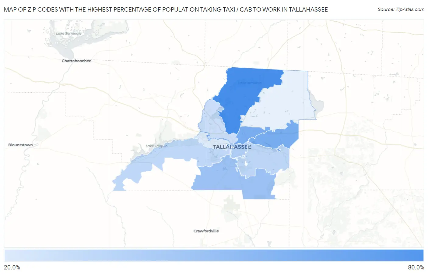 Zip Codes with the Highest Percentage of Population Taking Taxi / Cab to Work in Tallahassee Map