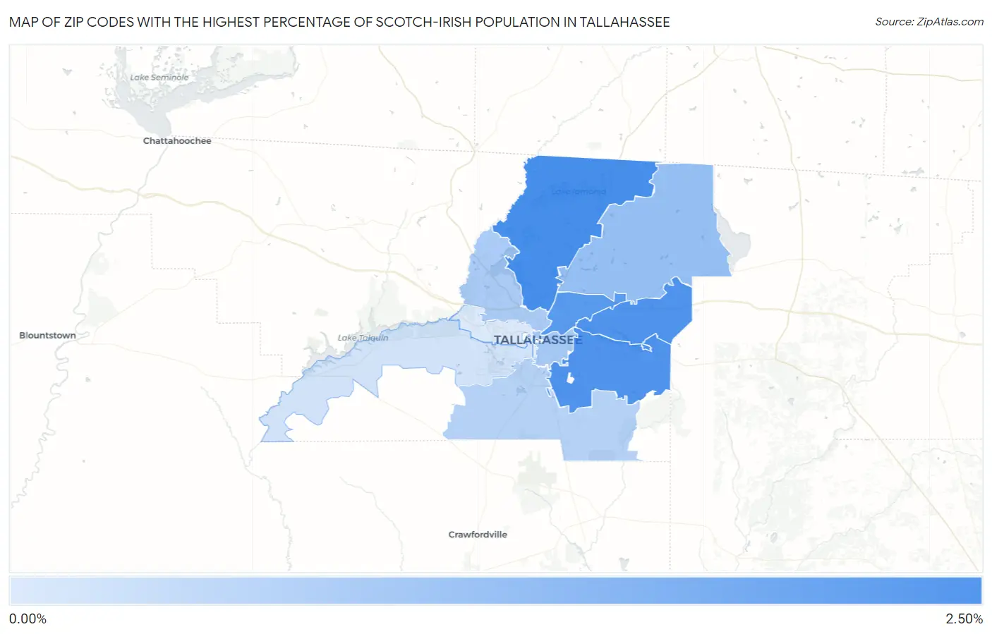 Zip Codes with the Highest Percentage of Scotch-Irish Population in Tallahassee Map