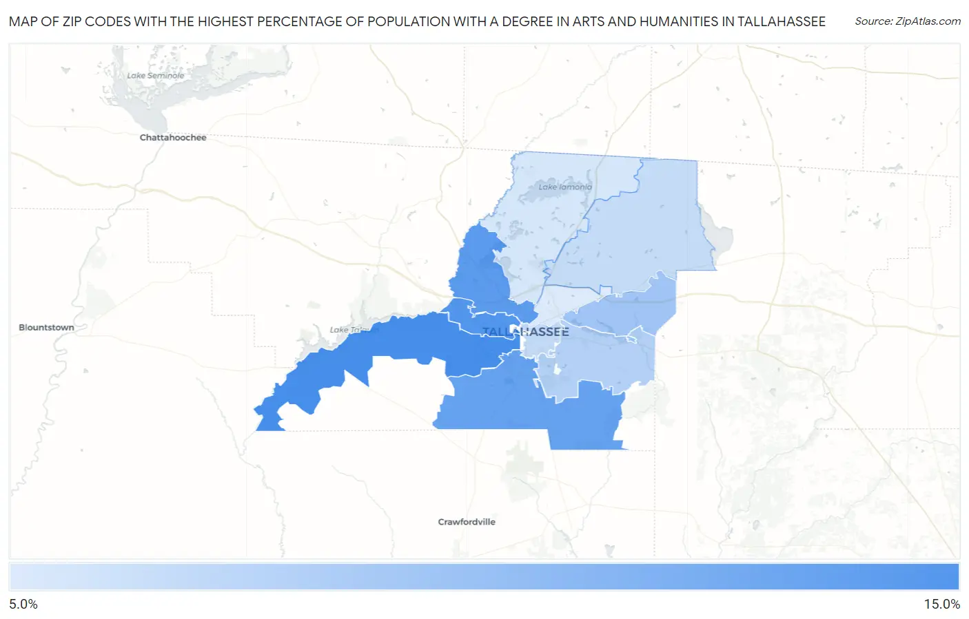 Zip Codes with the Highest Percentage of Population with a Degree in Arts and Humanities in Tallahassee Map