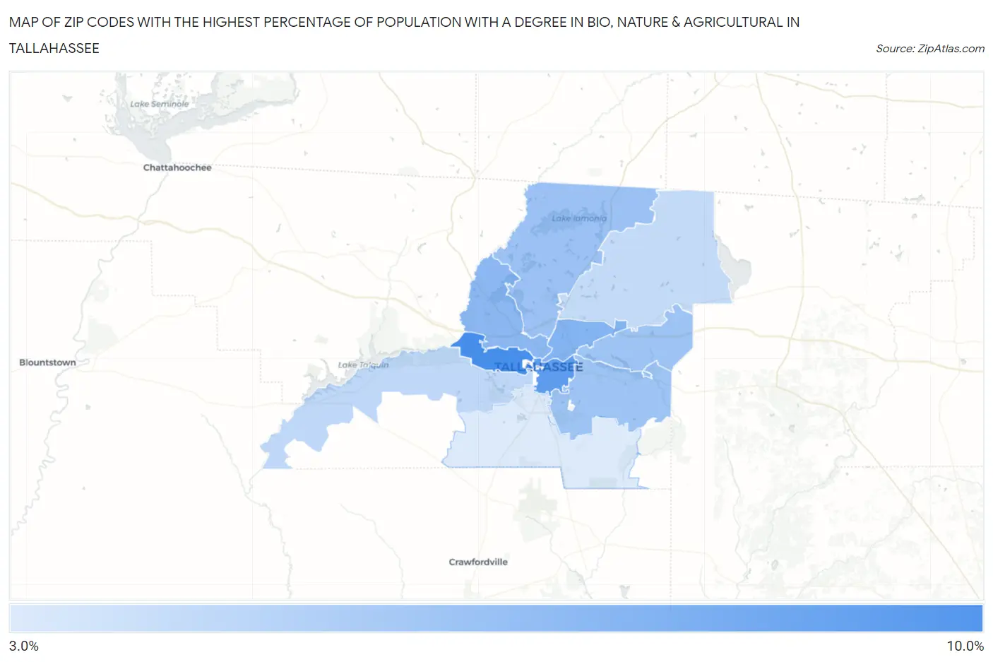 Zip Codes with the Highest Percentage of Population with a Degree in Bio, Nature & Agricultural in Tallahassee Map