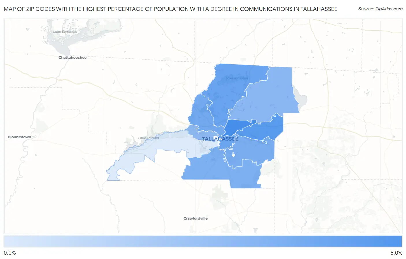 Zip Codes with the Highest Percentage of Population with a Degree in Communications in Tallahassee Map