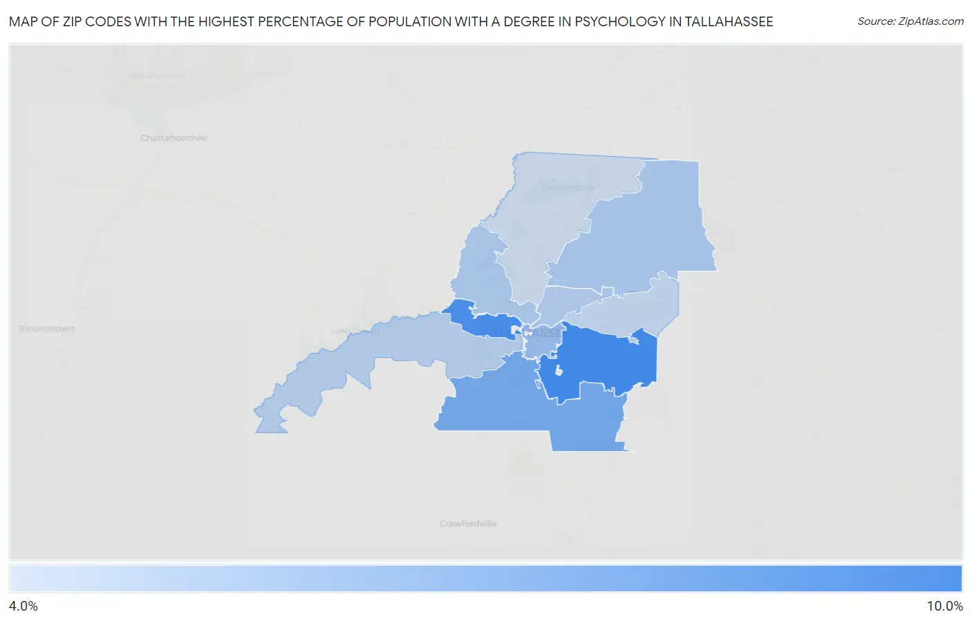 Zip Codes with the Highest Percentage of Population with a Degree in Psychology in Tallahassee Map
