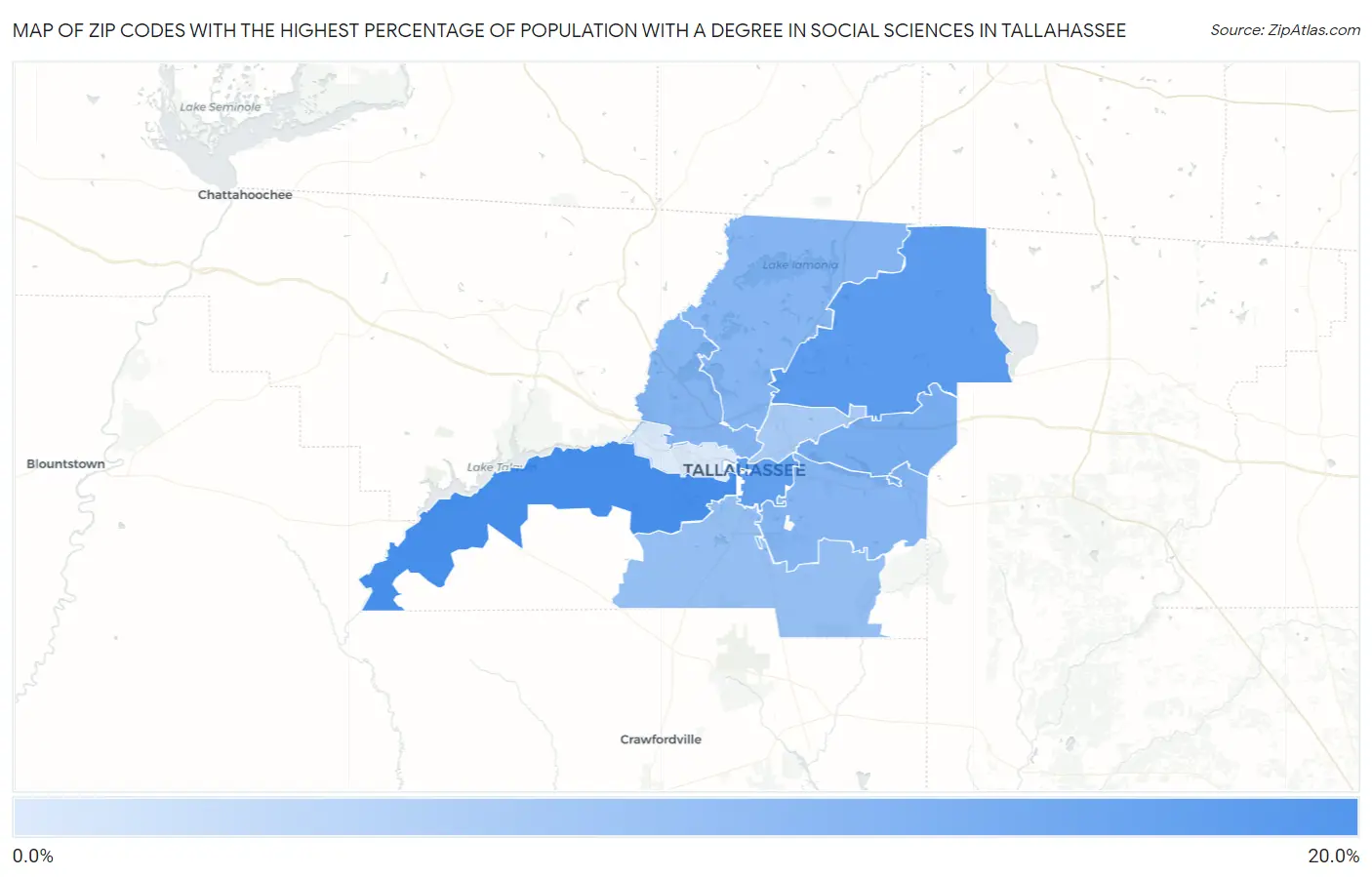 Zip Codes with the Highest Percentage of Population with a Degree in Social Sciences in Tallahassee Map
