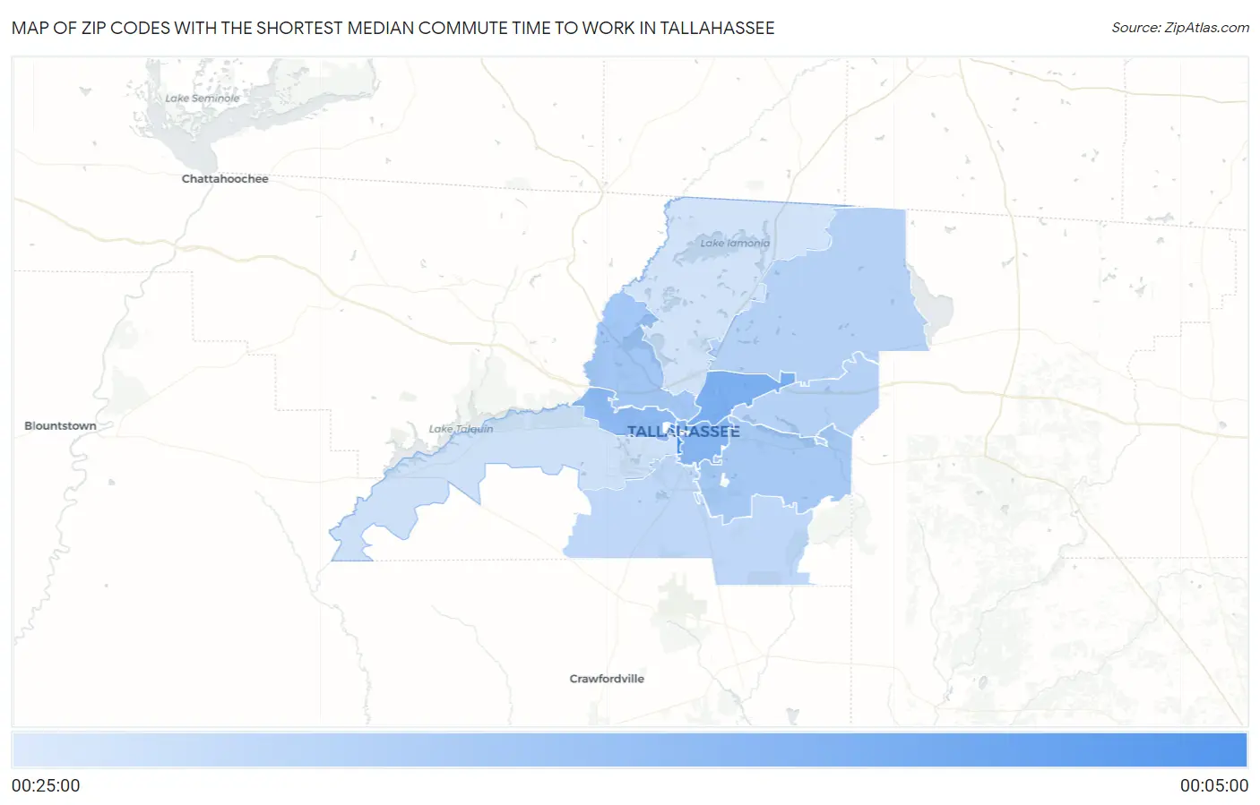 Zip Codes with the Shortest Median Commute Time to Work in Tallahassee Map