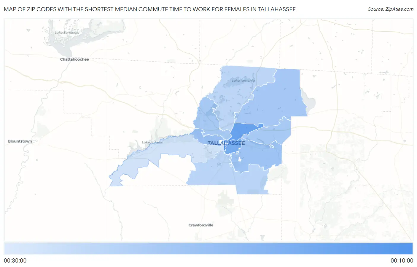 Zip Codes with the Shortest Median Commute Time to Work for Females in Tallahassee Map