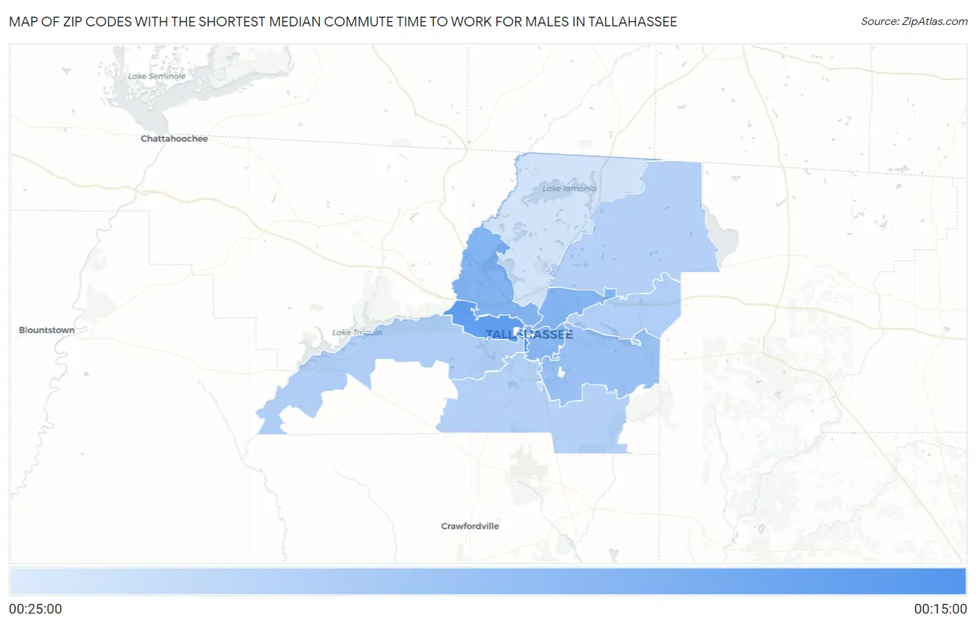 Zip Codes with the Shortest Median Commute Time to Work for Males in Tallahassee Map