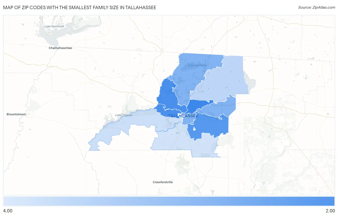 Zip Codes with the Smallest Family Size in Tallahassee Map