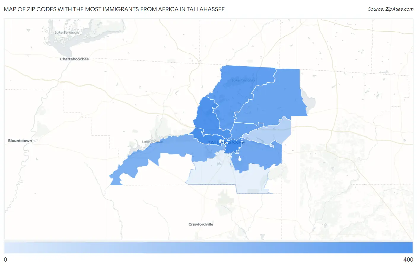 Zip Codes with the Most Immigrants from Africa in Tallahassee Map