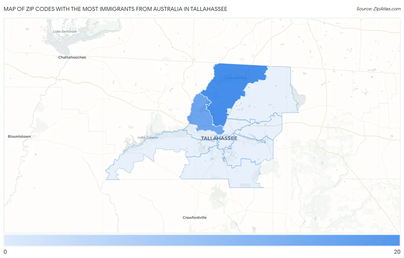 Zip Codes with the Most Immigrants from Australia in Tallahassee Map