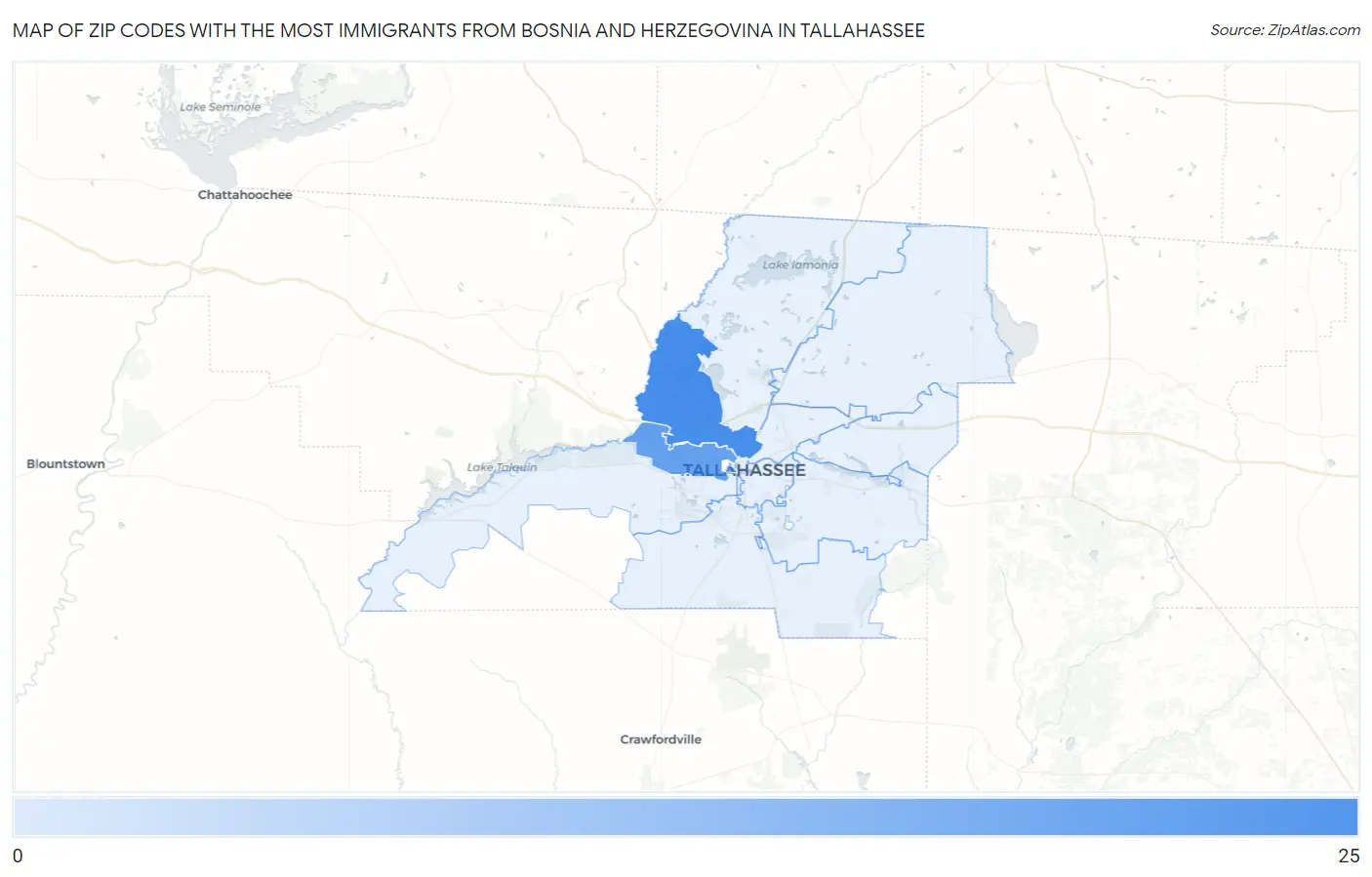 Zip Codes with the Most Immigrants from Bosnia and Herzegovina in Tallahassee Map