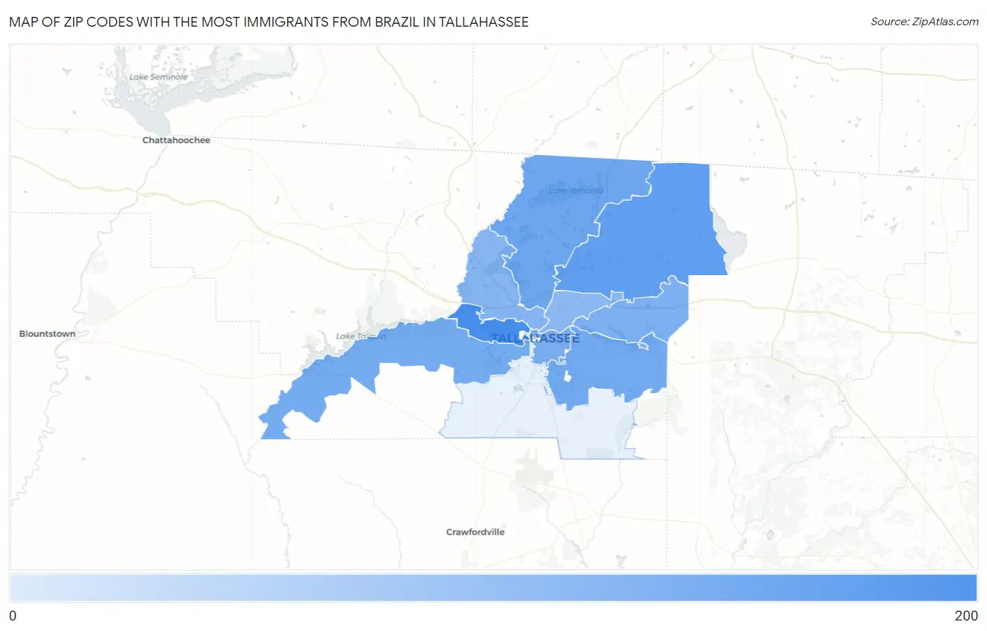 Zip Codes with the Most Immigrants from Brazil in Tallahassee Map