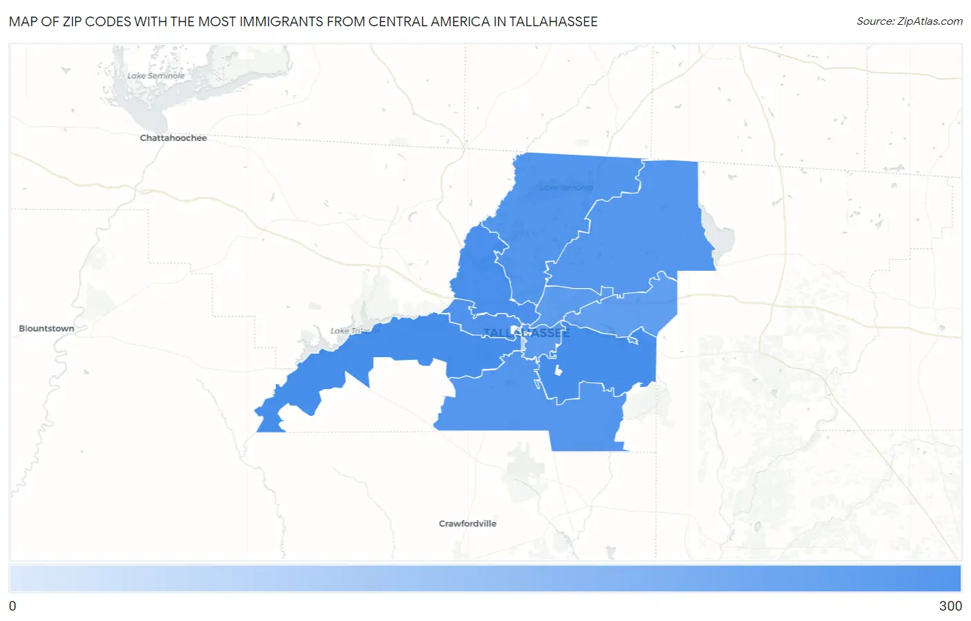 Zip Codes with the Most Immigrants from Central America in Tallahassee Map