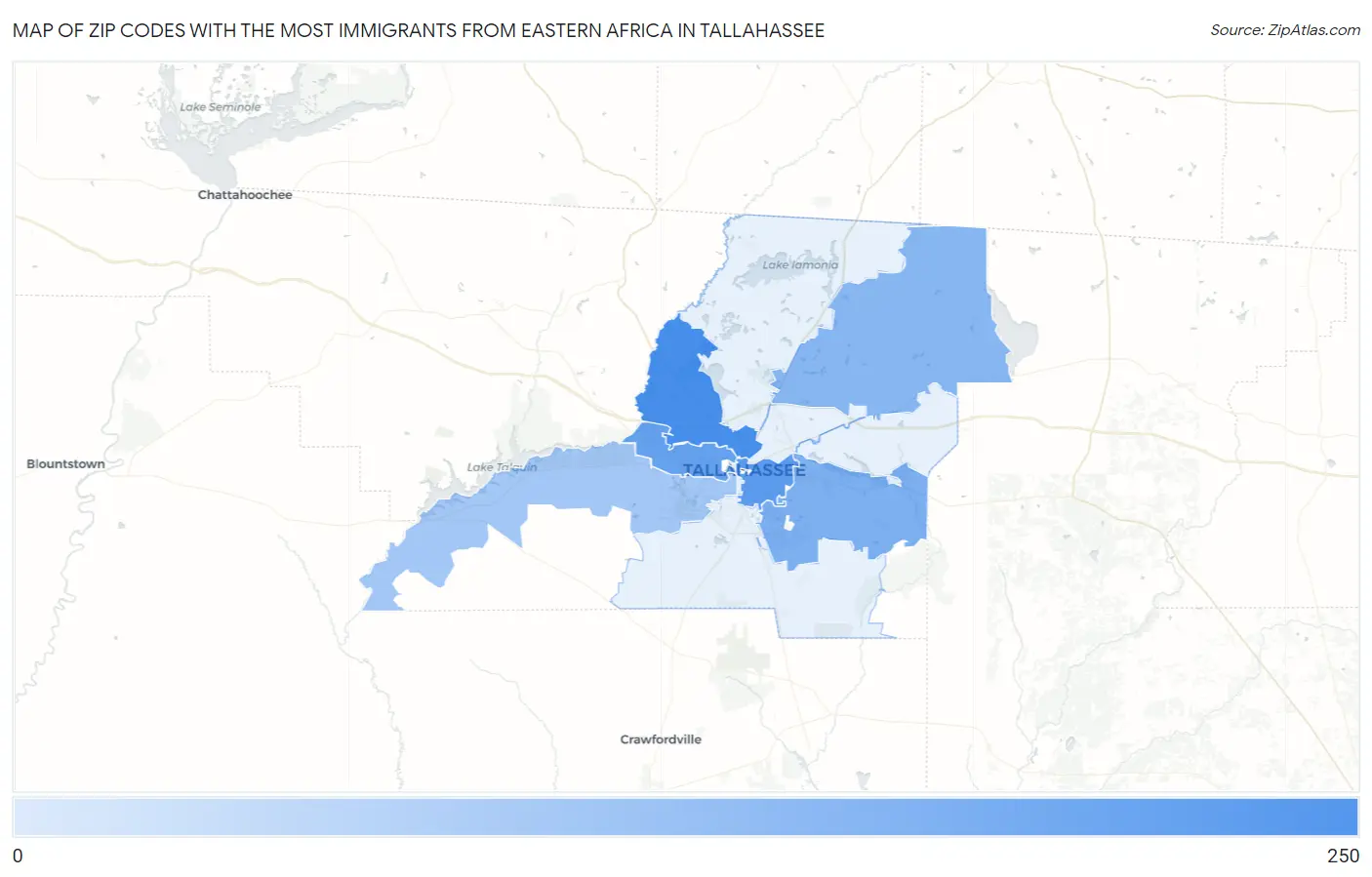Zip Codes with the Most Immigrants from Eastern Africa in Tallahassee Map