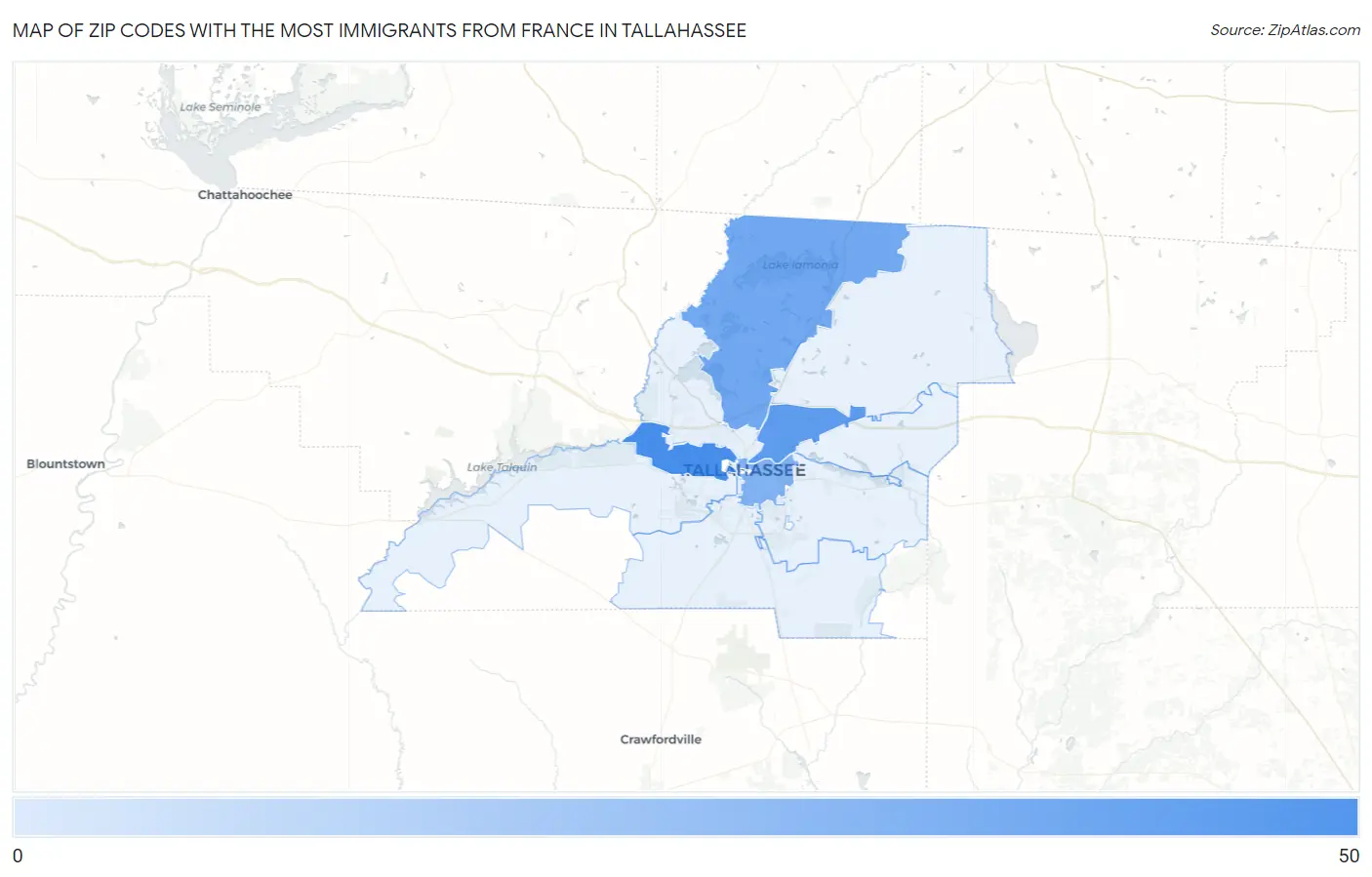Zip Codes with the Most Immigrants from France in Tallahassee Map