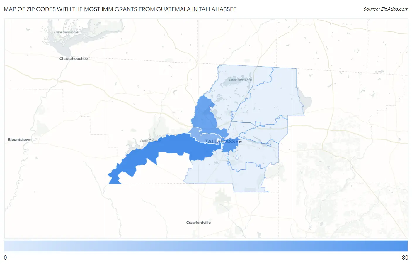 Zip Codes with the Most Immigrants from Guatemala in Tallahassee Map