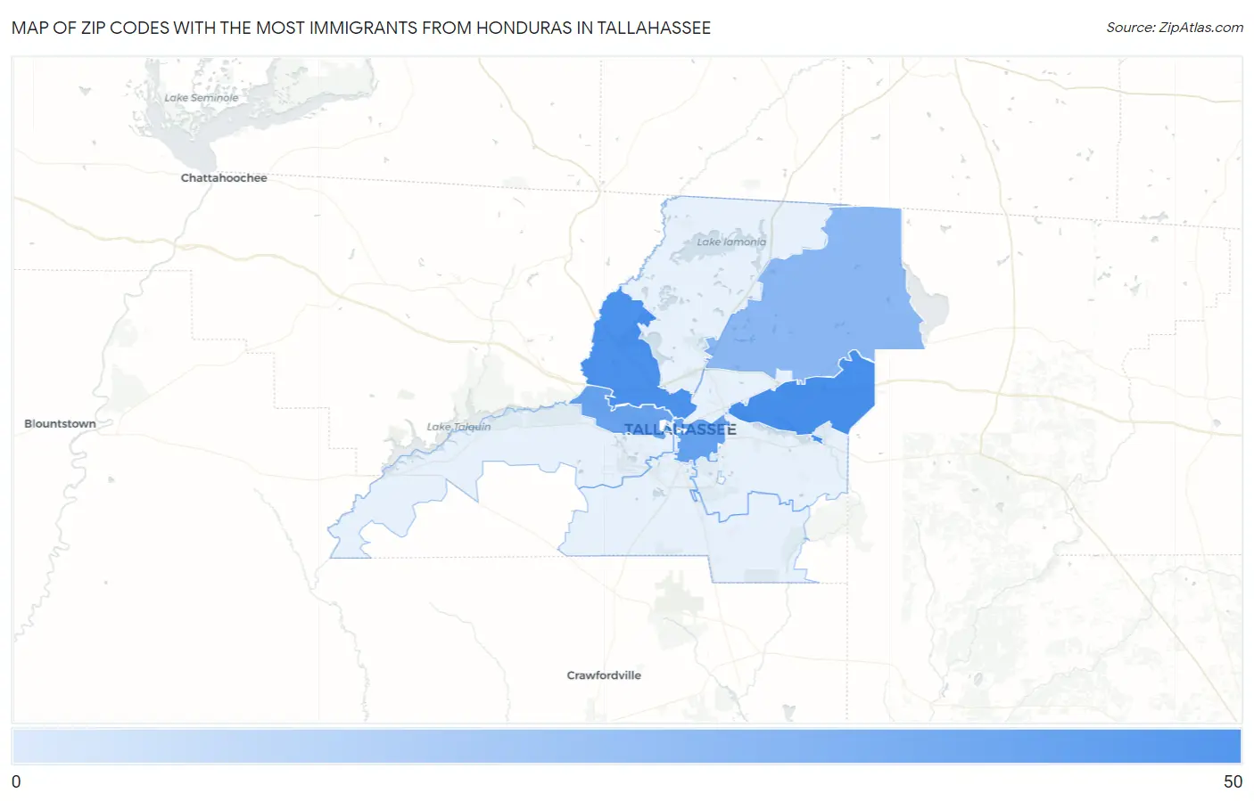 Zip Codes with the Most Immigrants from Honduras in Tallahassee Map