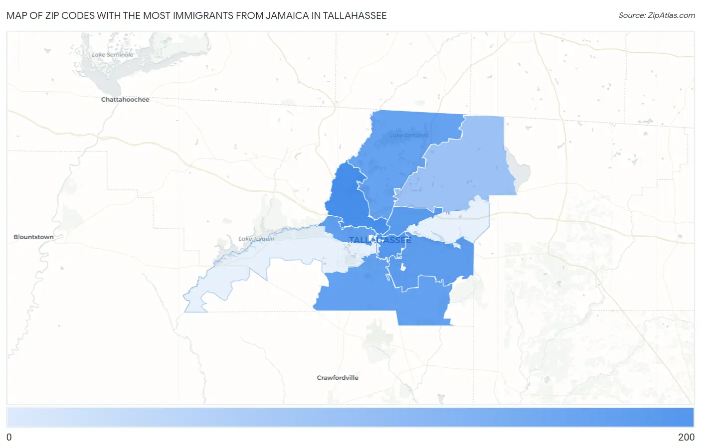 Zip Codes with the Most Immigrants from Jamaica in Tallahassee Map