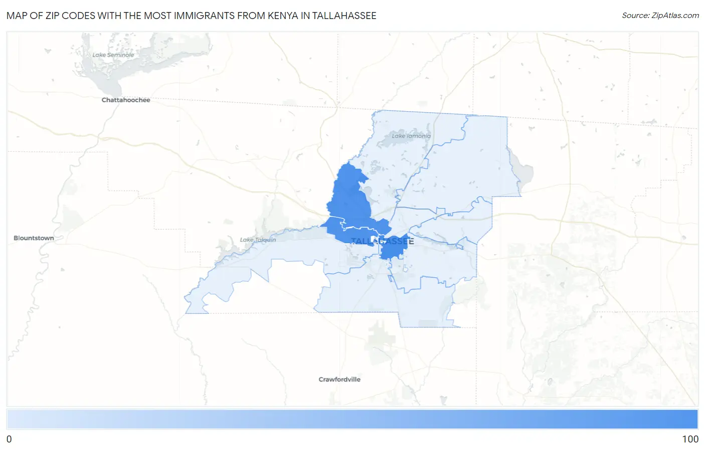 Zip Codes with the Most Immigrants from Kenya in Tallahassee Map