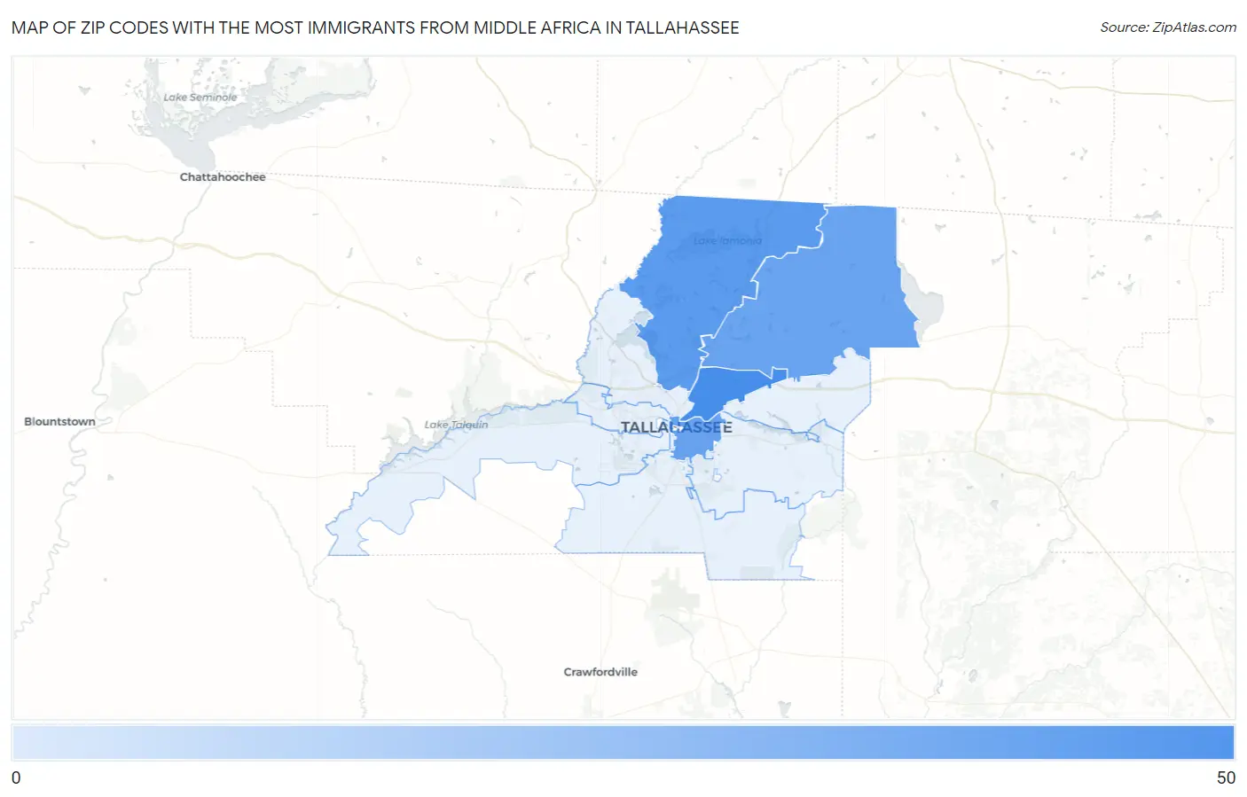 Zip Codes with the Most Immigrants from Middle Africa in Tallahassee Map
