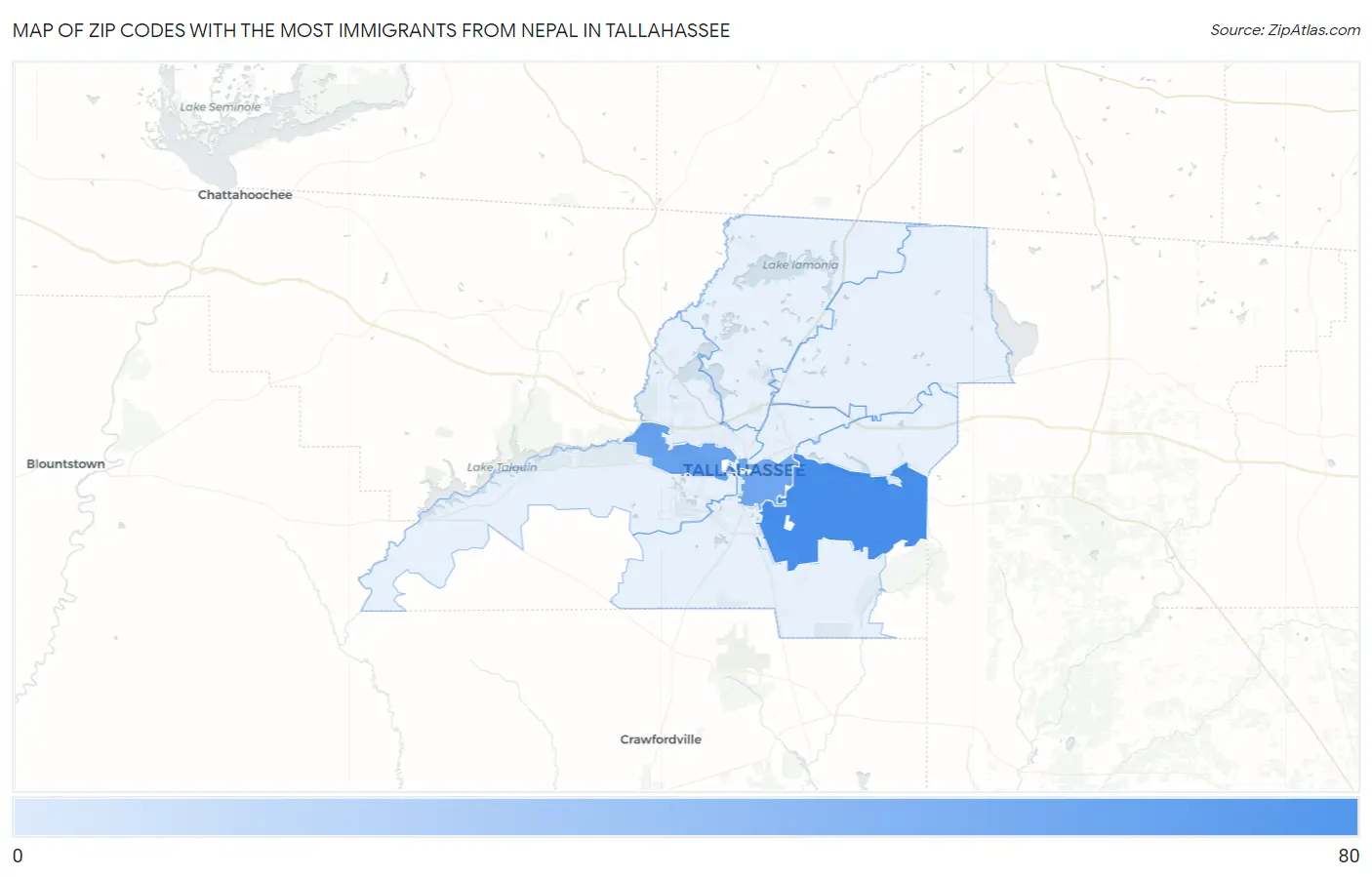 Zip Codes with the Most Immigrants from Nepal in Tallahassee Map