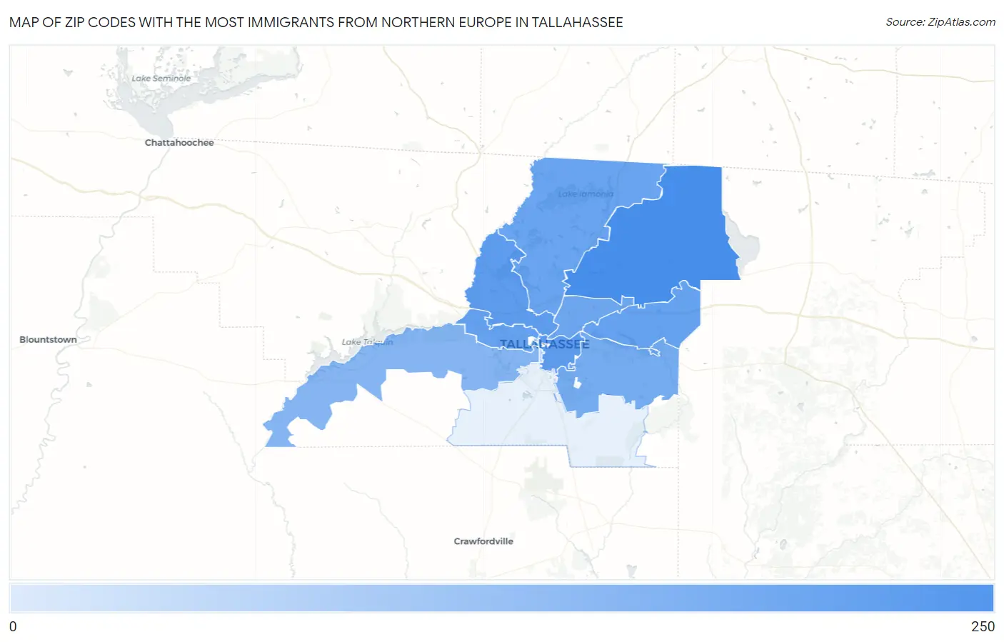 Zip Codes with the Most Immigrants from Northern Europe in Tallahassee Map