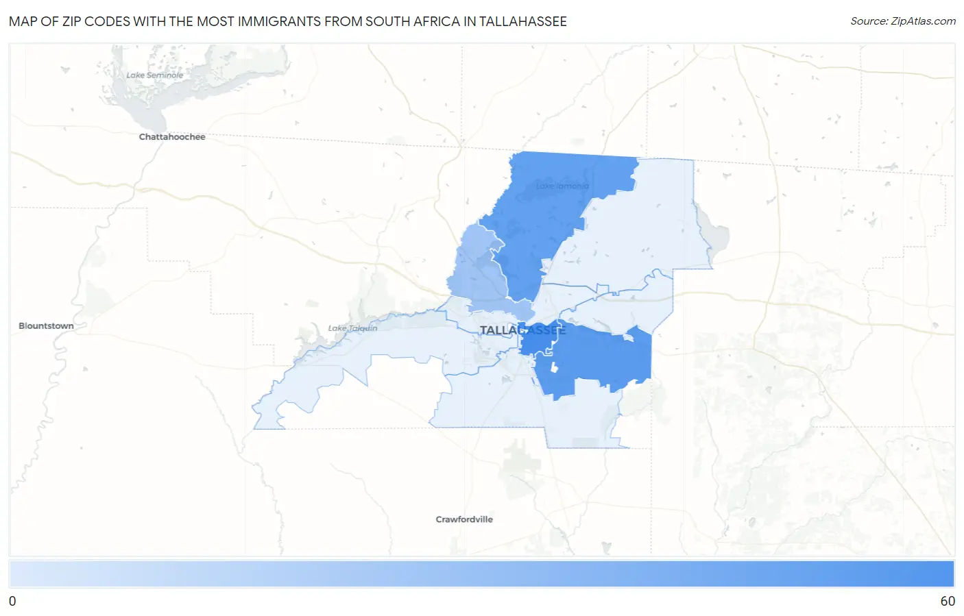 Zip Codes with the Most Immigrants from South Africa in Tallahassee Map