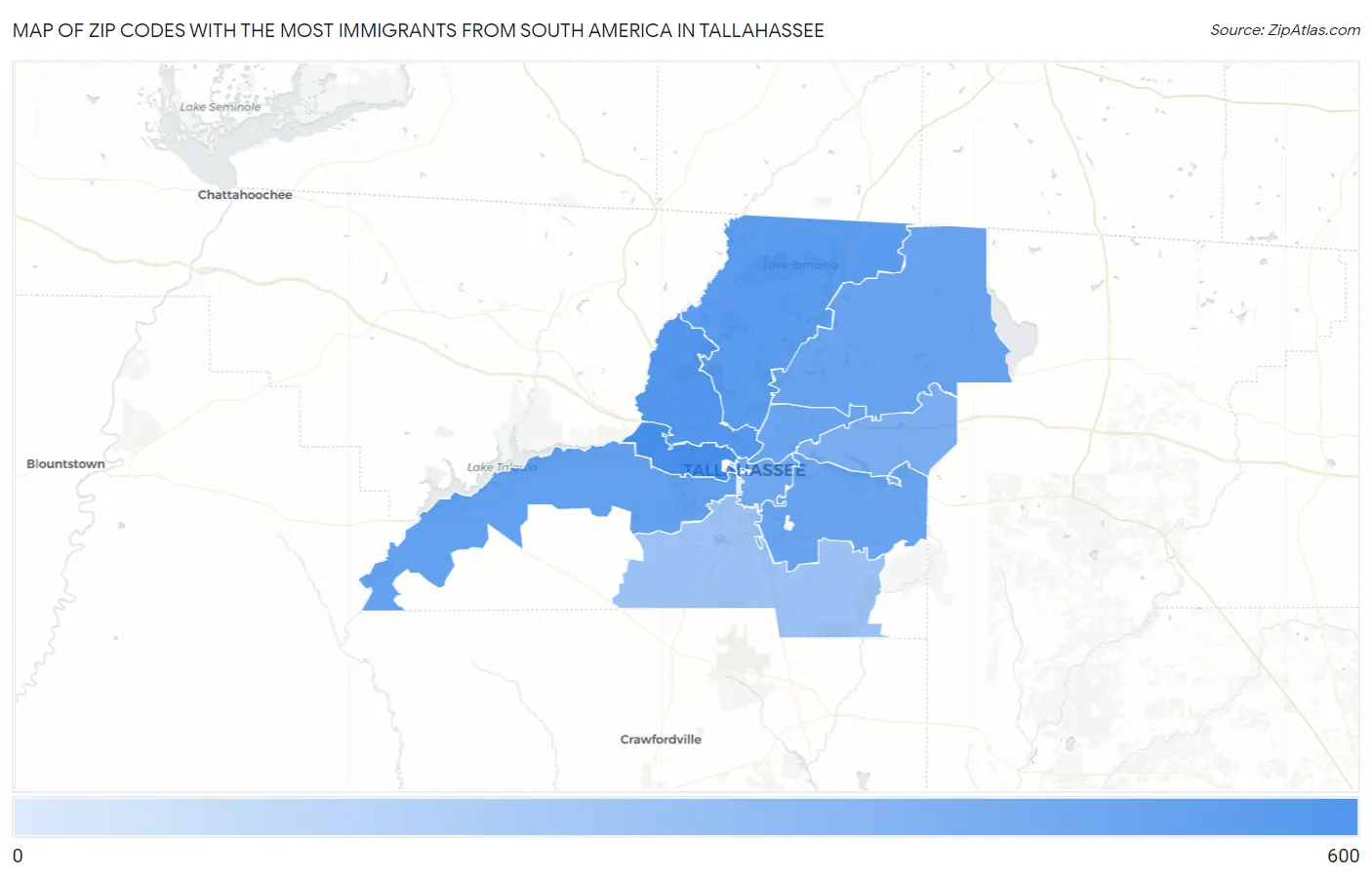 Zip Codes with the Most Immigrants from South America in Tallahassee Map