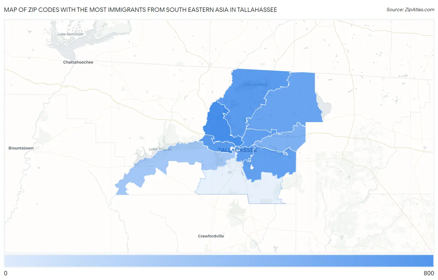 Zip Codes with the Most Immigrants from South Eastern Asia in Tallahassee Map