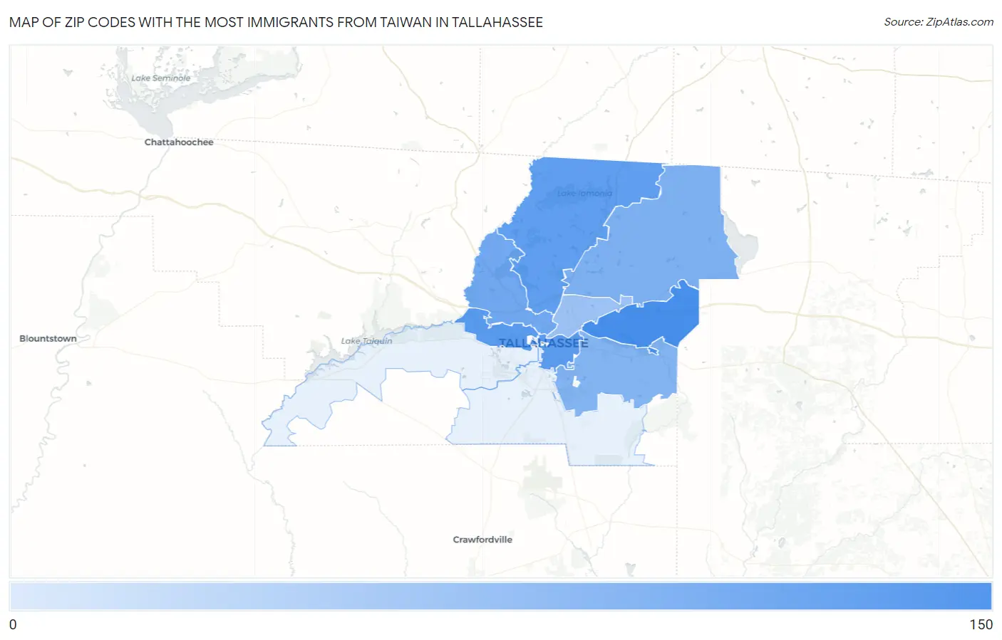 Zip Codes with the Most Immigrants from Taiwan in Tallahassee Map