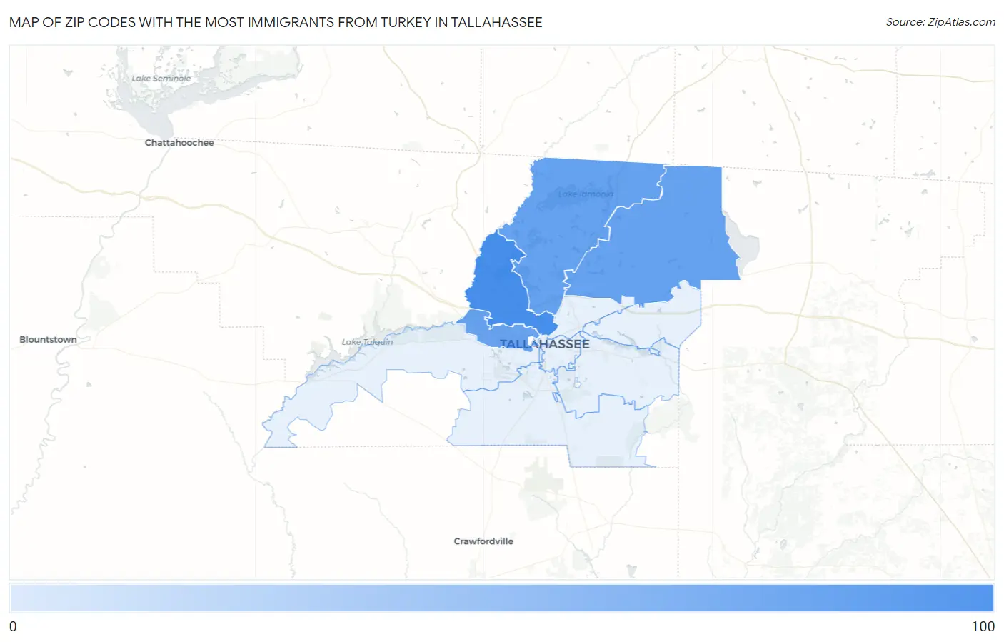 Zip Codes with the Most Immigrants from Turkey in Tallahassee Map