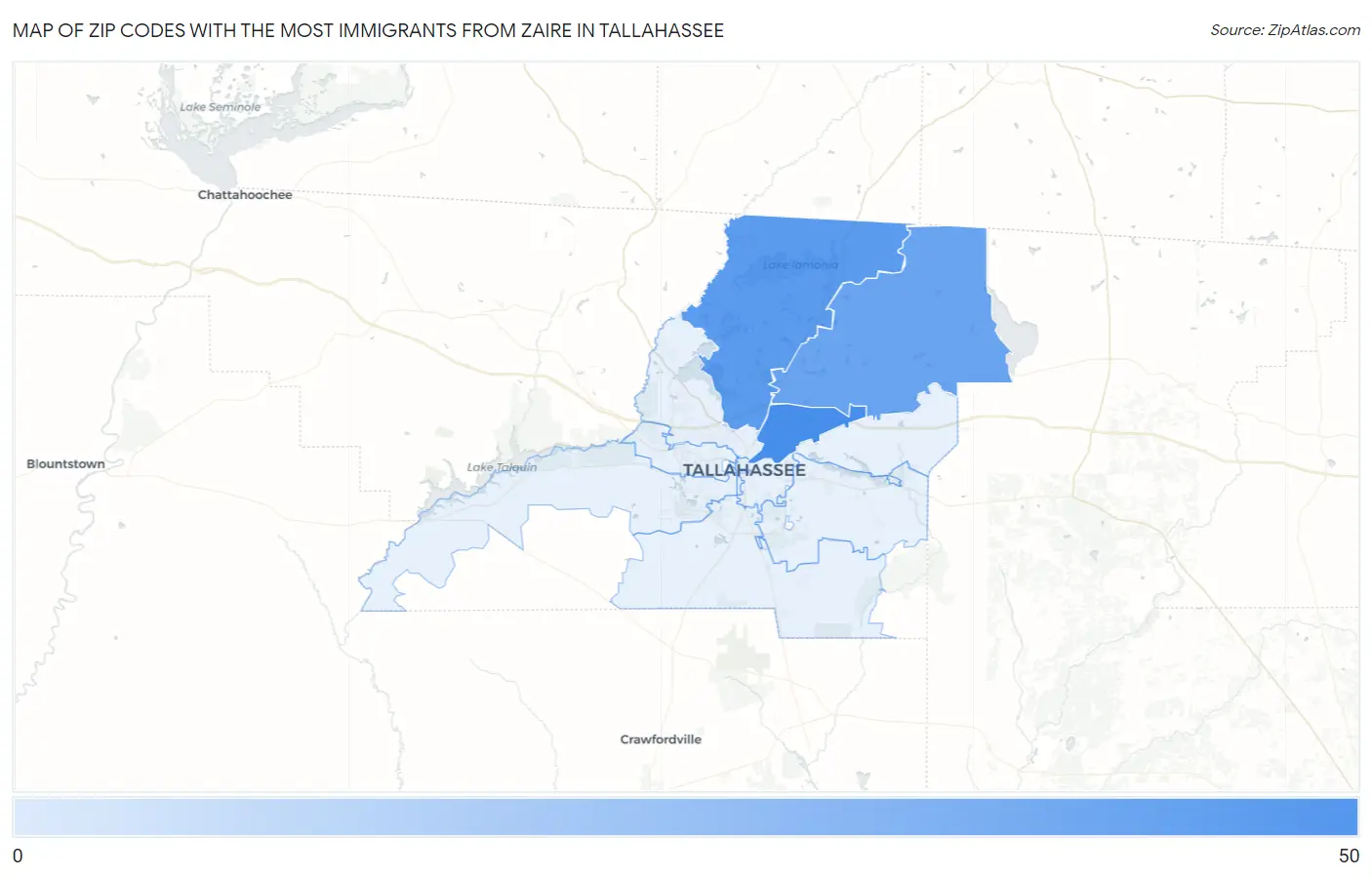 Zip Codes with the Most Immigrants from Zaire in Tallahassee Map