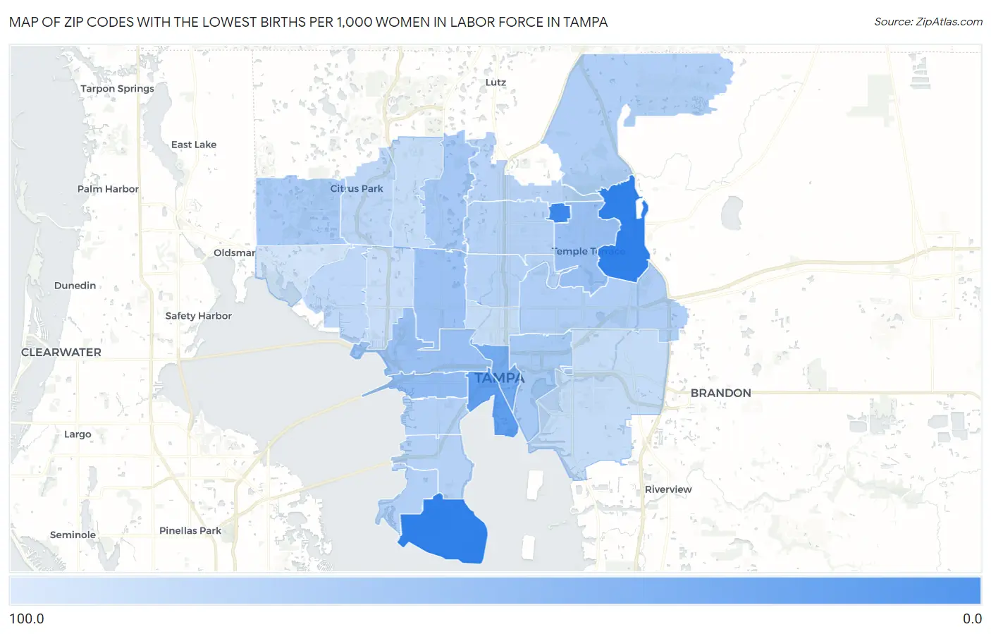 Zip Codes with the Lowest Births per 1,000 Women in Labor Force in Tampa Map
