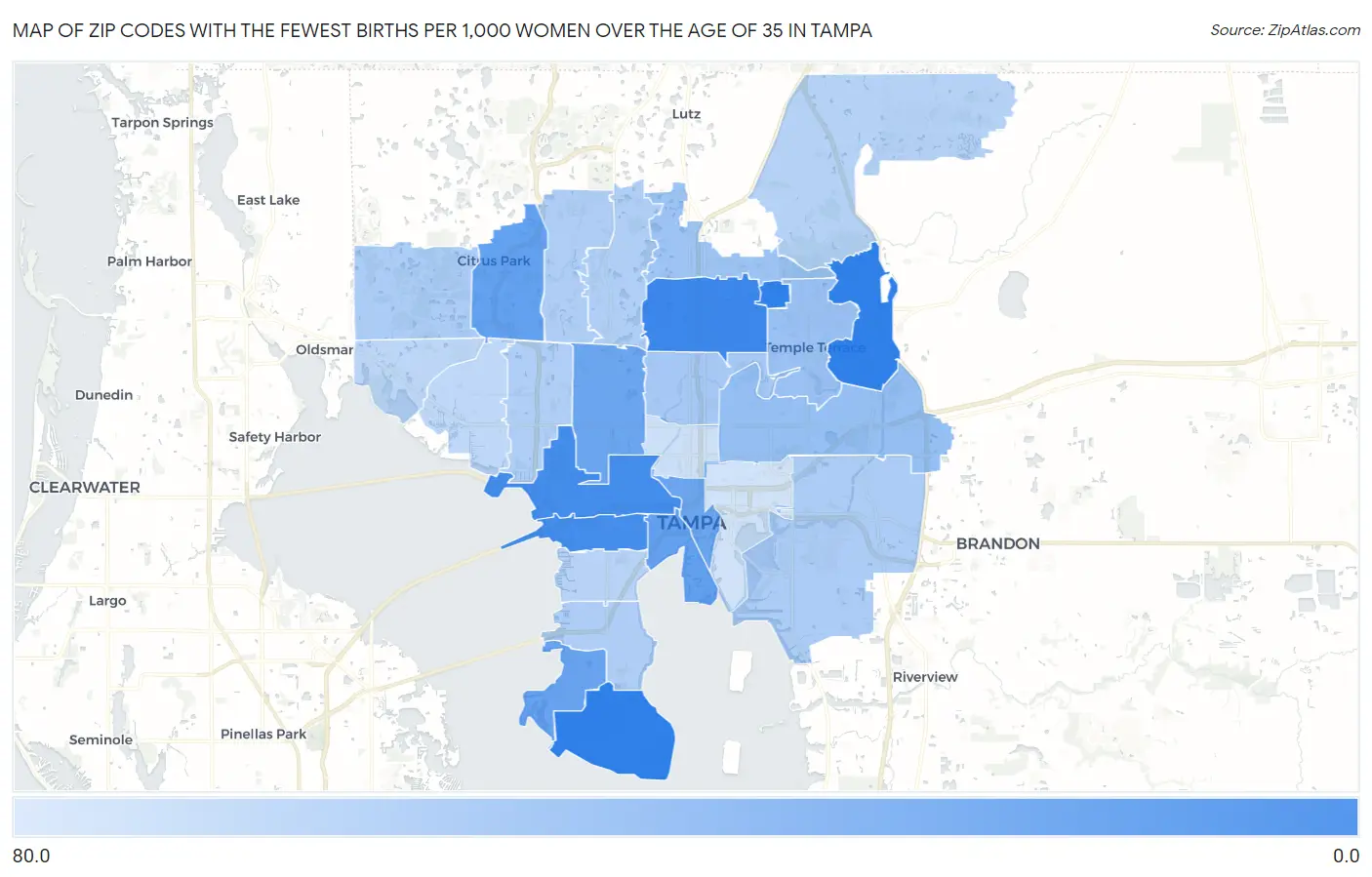 Zip Codes with the Fewest Births per 1,000 Women Over the Age of 35 in Tampa Map