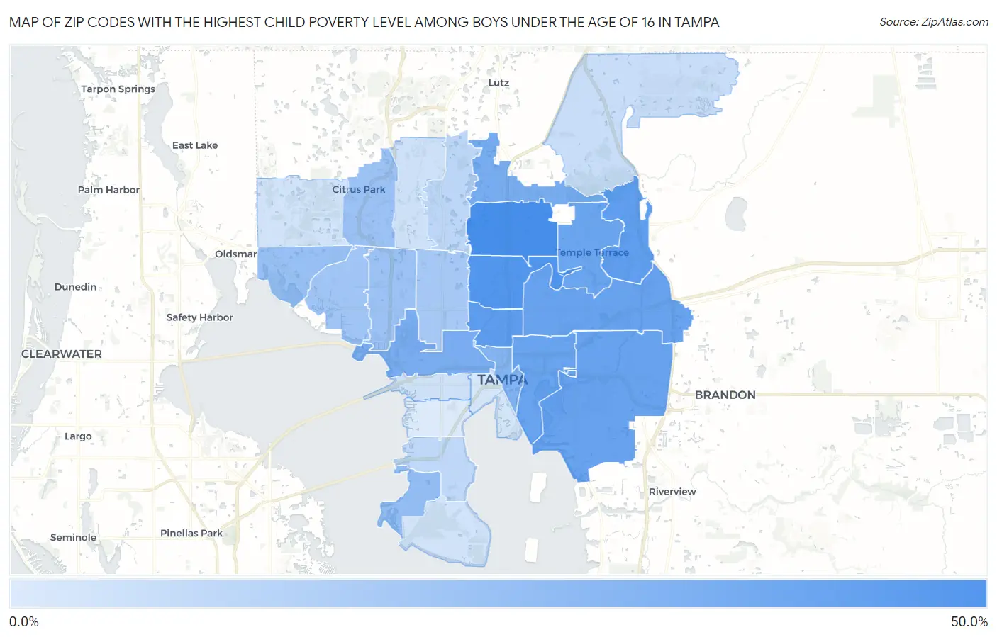 Zip Codes with the Highest Child Poverty Level Among Boys Under the Age of 16 in Tampa Map