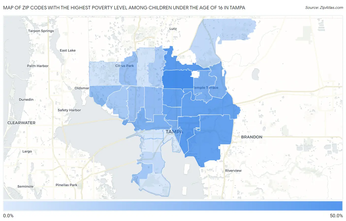 Zip Codes with the Highest Poverty Level Among Children Under the Age of 16 in Tampa Map