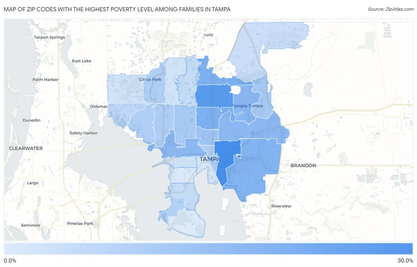 Zip Codes with the Highest Poverty Level Among Families in Tampa Map