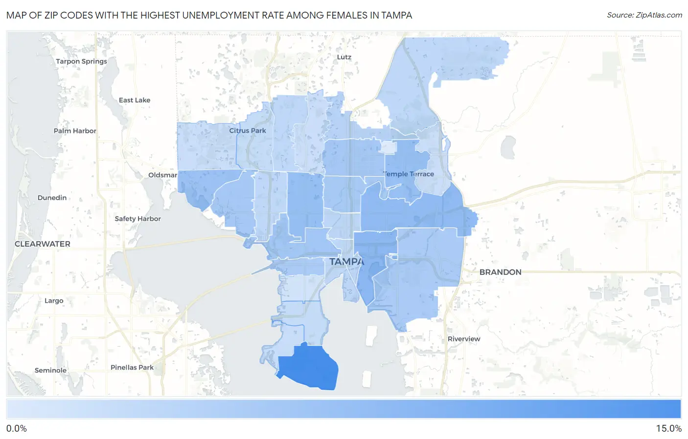 Zip Codes with the Highest Unemployment Rate Among Females in Tampa Map