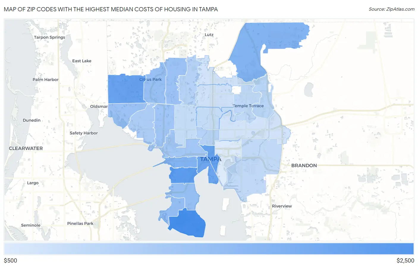 Zip Codes with the Highest Median Costs of Housing in Tampa Map