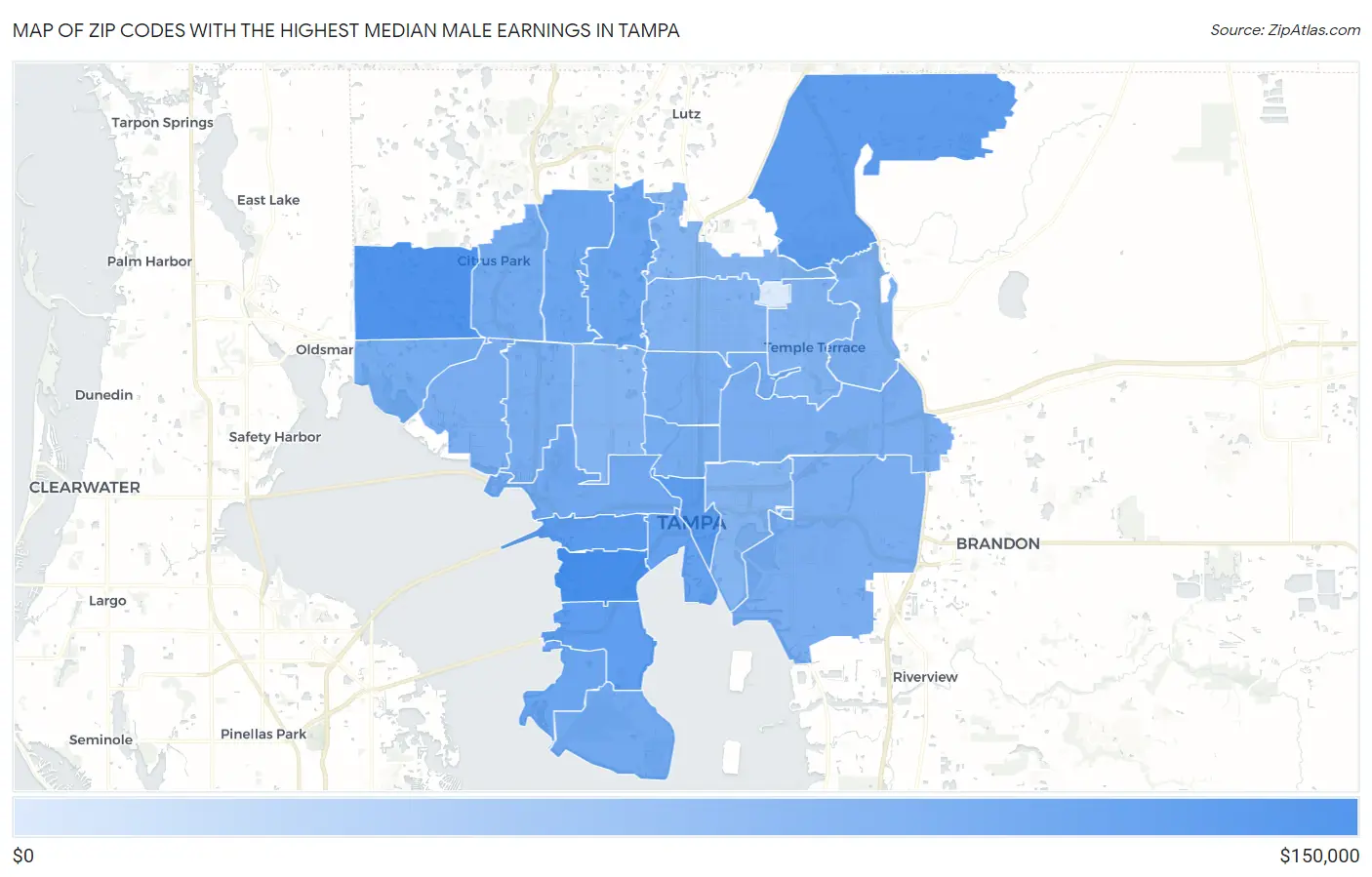 Zip Codes with the Highest Median Male Earnings in Tampa Map