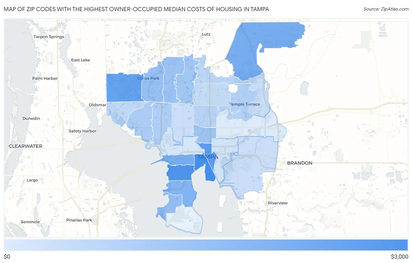 Zip Codes with the Highest Owner-Occupied Median Costs of Housing in Tampa Map