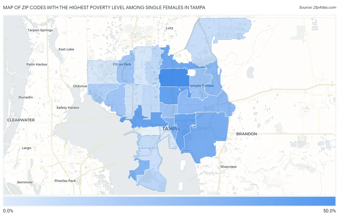 Zip Codes with the Highest Poverty Level Among Single Females in Tampa Map