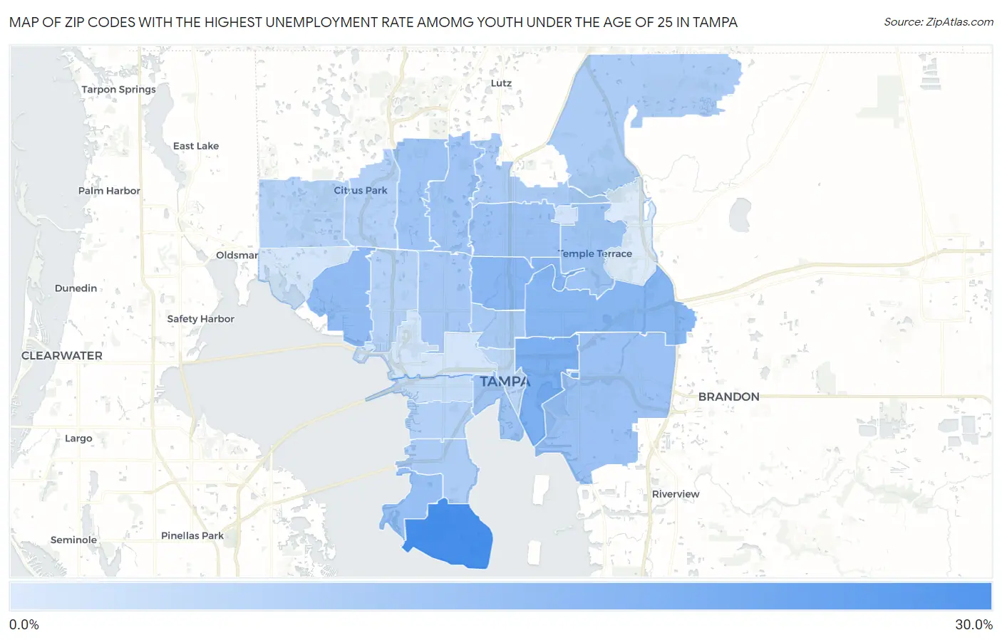 Zip Codes with the Highest Unemployment Rate Amomg Youth Under the Age of 25 in Tampa Map