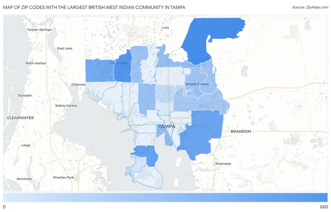 Zip Codes with the Largest British West Indian Community in Tampa Map