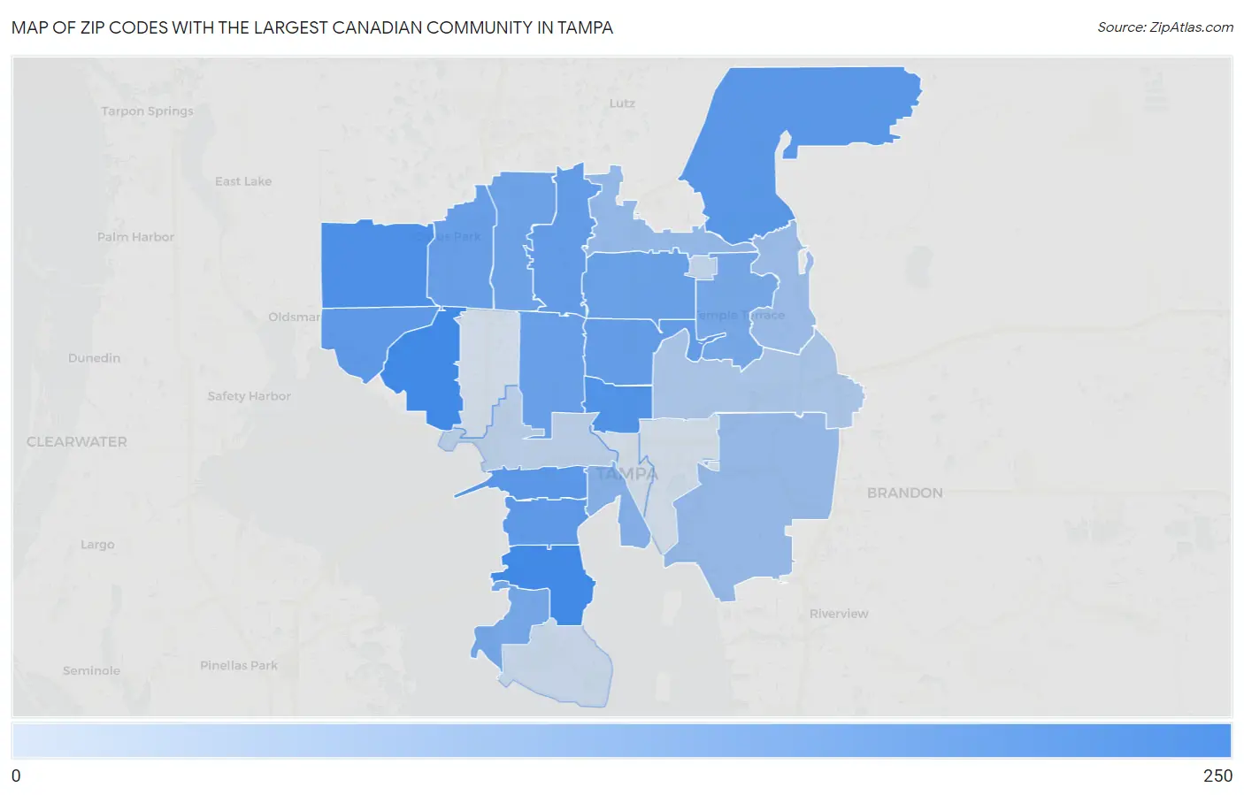 Zip Codes with the Largest Canadian Community in Tampa Map
