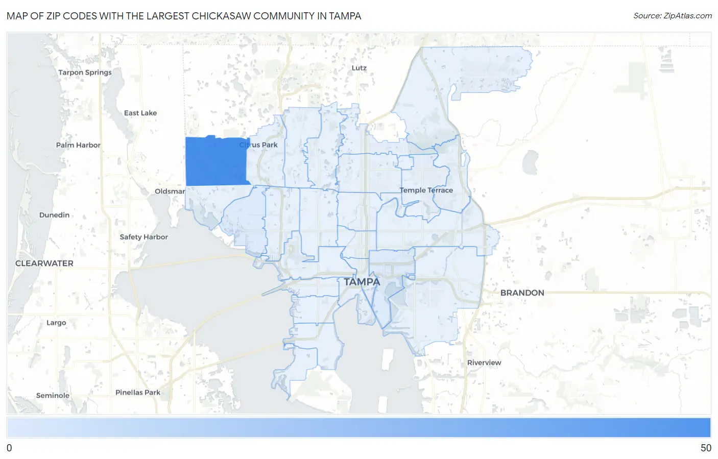 Zip Codes with the Largest Chickasaw Community in Tampa Map