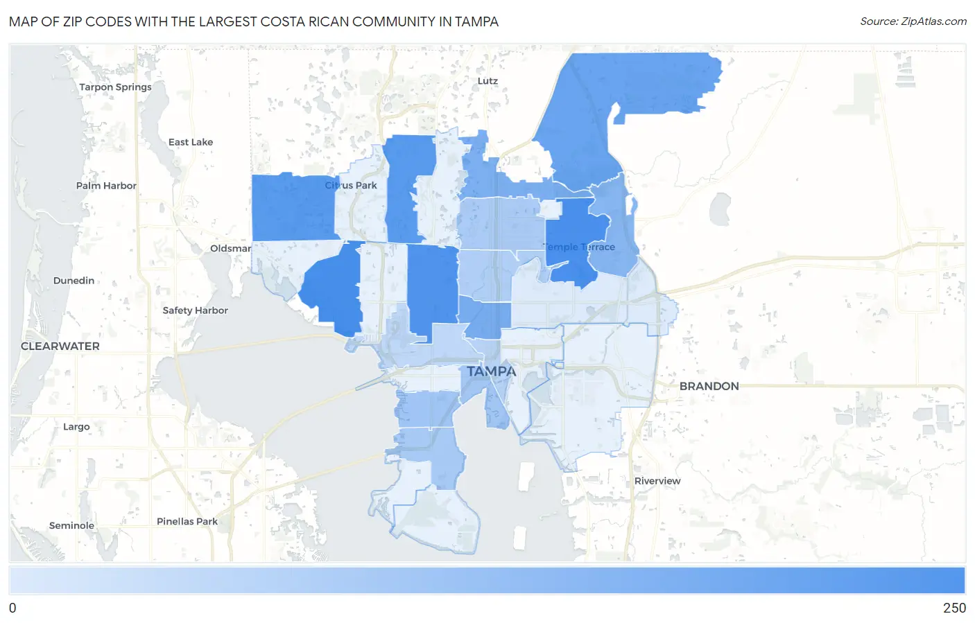 Zip Codes with the Largest Costa Rican Community in Tampa Map